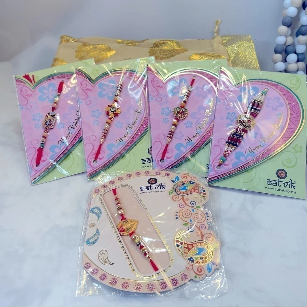 Gift Set Of 5 Pcs thread bracelets, Indian Designer red and multicolor charms